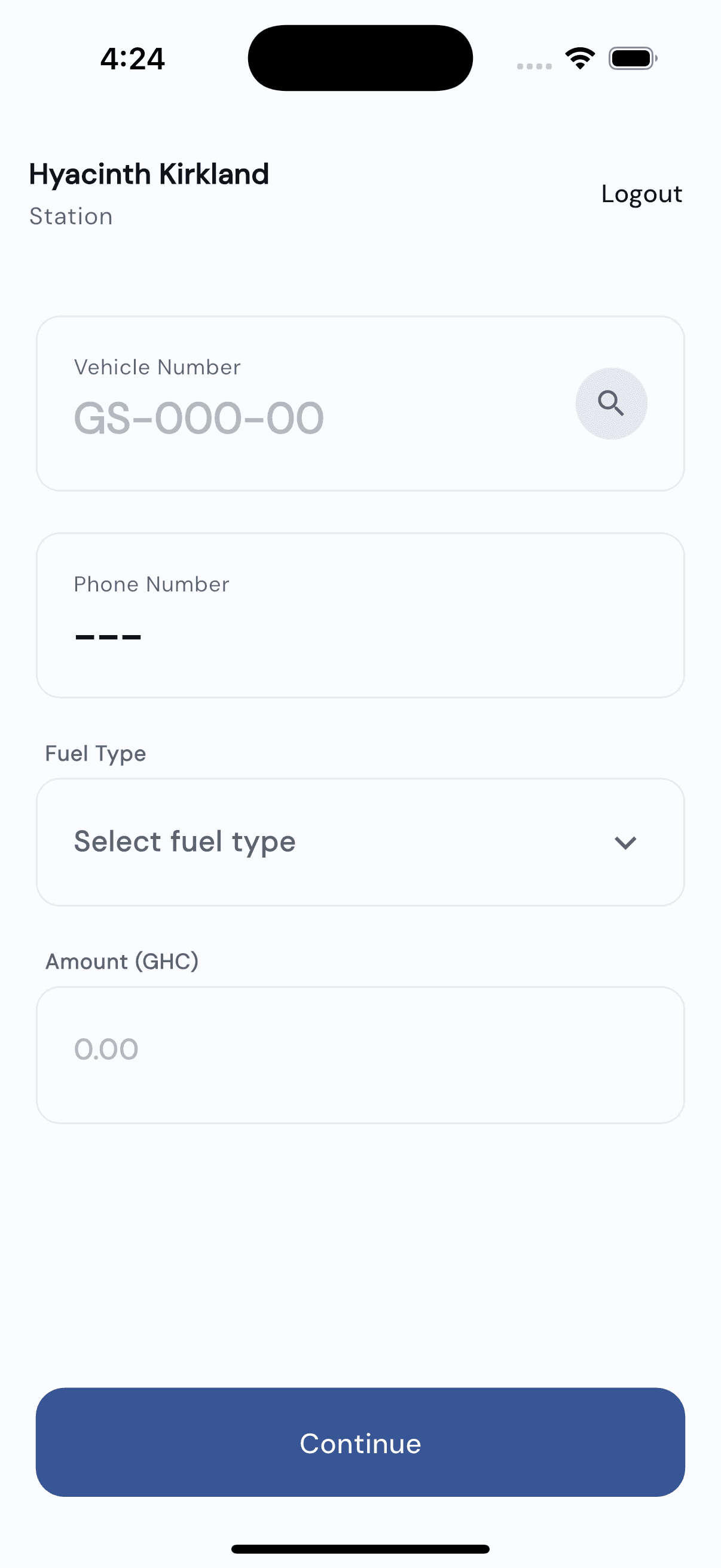 Pump IQ POS sale entry screen with vehicle number, fuel type, and amount fields
